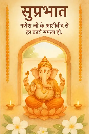 मंदिर द्वार के सामने कमल पर बैठे गणेश जी, नरम सुबह की रोशनी और गेंदा-मोमबत्ती सजावट के साथ।