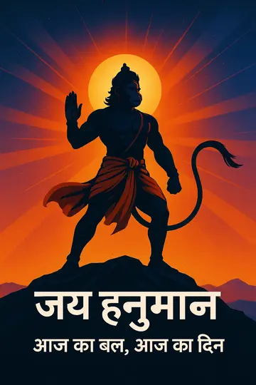 सूर्योदय में पर्वत पर खड़े हनुमान, नीचे शुभ संदेश वाला साफ़ टेक्स्ट पैनल।