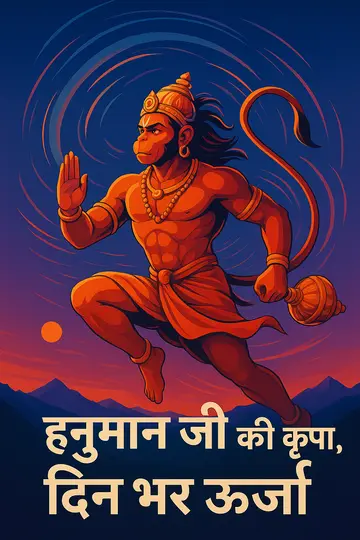 हनुमान जी पर्वतीय हवा में घिरे हुए, नीचे साफ़ और बोल्ड हिंदी टेक्स्ट के साथ।