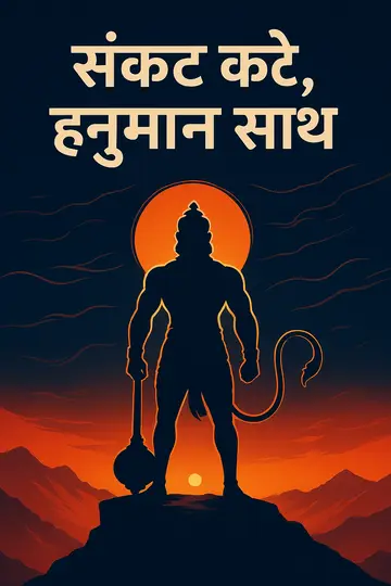 क्लिफ पर खड़े हनुमान, पीछे सूर्योदय और साफ़ हिंदी टेक्स्ट पैनल।