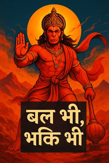 हनुमान की रक्षक मुद्रा के साथ पर्वत और सूर्योदय, बीच में छोटा टेक्स्ट कार्ड।