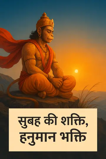 पर्वत पर बैठे हनुमान, पीछे सूरज की रोशनी और नीचे साफ़ टेक्स्ट कार्ड।