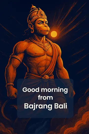 हनुमान की रक्षक मुद्रा और सूर्योदय के साथ अंग्रेजी शुभकामना।