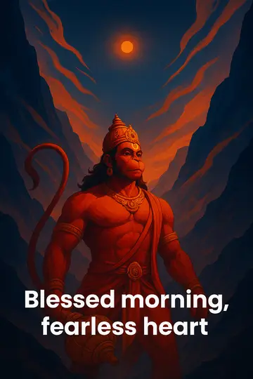 हनुमान और पहाड़ी सूर्योदय के साथ भयमुक्त सुबह का संदेश।