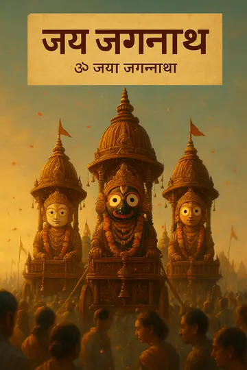 सिनेमा-जैसा भव्य रथ यात्रा दृश्य, तीन रथ और स्पष्ट हिंदी शुभकामना।