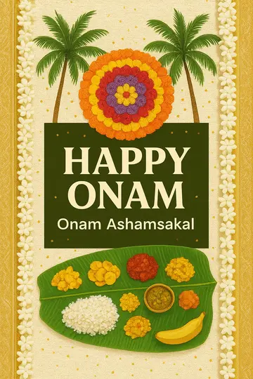 A festive collage with pookkalam, sadya, kasavu fabric, and coconut palms for Onam.