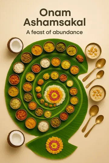 A top-down vertical arrangement of banana leaf sadya with a pookkalam accent and brass serving items.