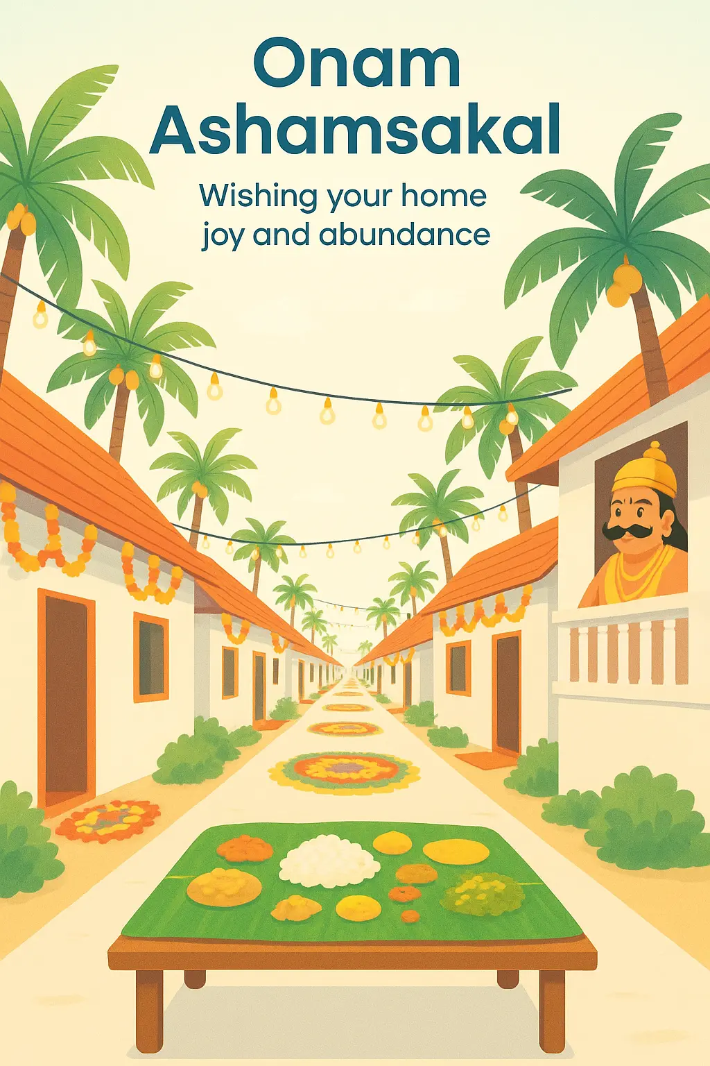 A festive Kerala lane lined with pookkalams, coconut palms, and a banana leaf sadya table in the foreground.