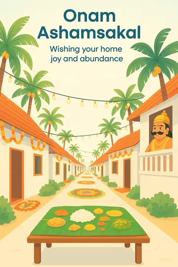 A festive Kerala lane lined with pookkalams, coconut palms, and a banana leaf sadya table in the foreground.