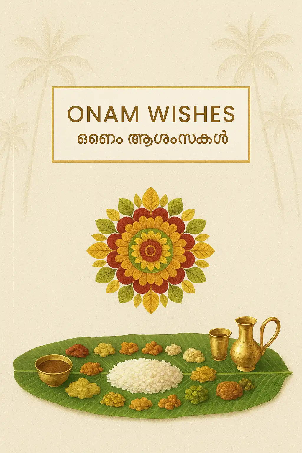 Luxury Onam card with kasavu texture, pookkalam, and a banana-leaf sadya vignette.