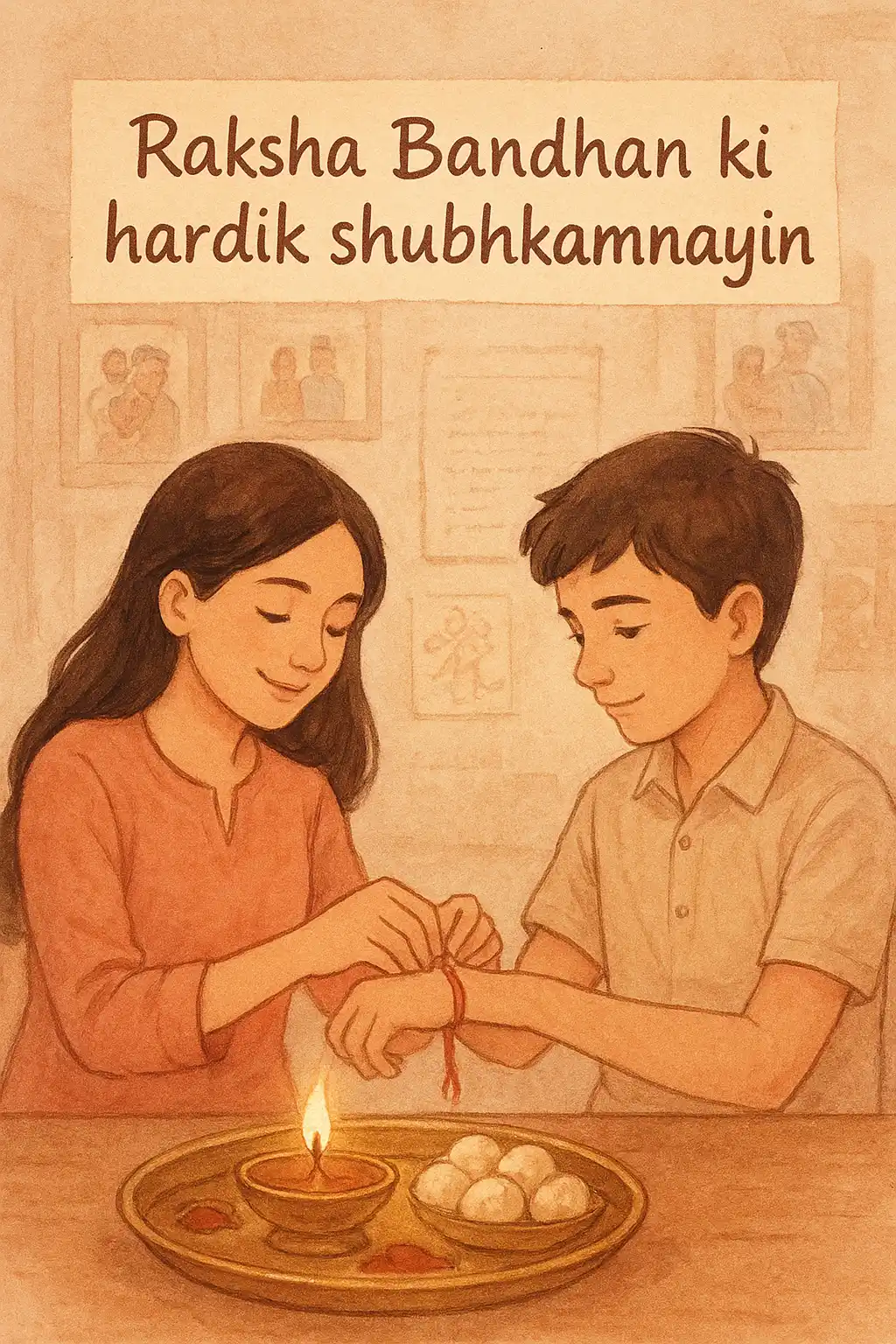 A warm handwritten-style Raksha Bandhan scene with siblings, a festive thali, and nostalgic family snapshots.