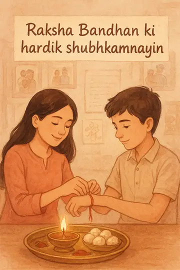 A warm handwritten-style Raksha Bandhan scene with siblings, a festive thali, and nostalgic family snapshots.