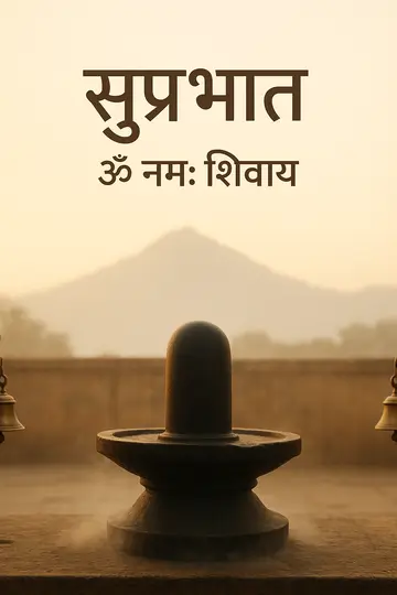 A Shiva lingam in a misty courtyard with blurred bells and a faint mountain backdrop.