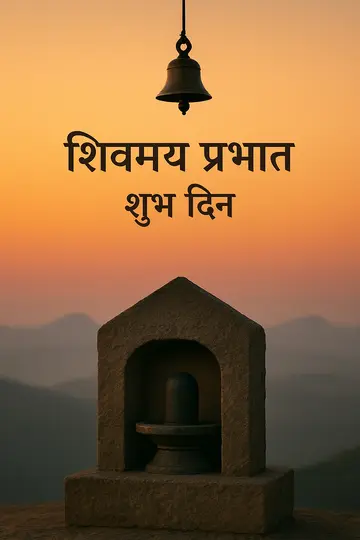 A simple temple niche with Shiva lingam, a bell silhouette, sunrise sky, and Hindi greeting text.