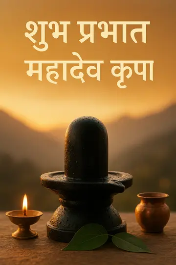 A reflective Shiva lingam with diya light, bilva leaves, and morning haze with Hindi text.