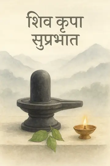 A watercolor-style Shiva lingam with bilva leaves, mountain mist, diya glow, and Hindi text.