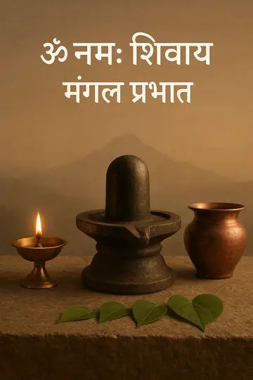 A brass and stone Shiva still life with bilva leaves and dawn haze, plus Hindi text.