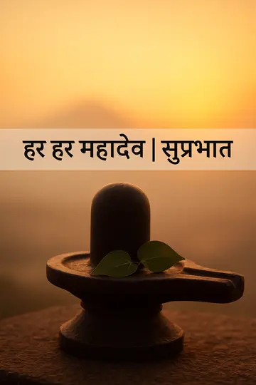 A refined Shiva lingam and bilva leaves in sunrise light with a clear Hindi greeting band.