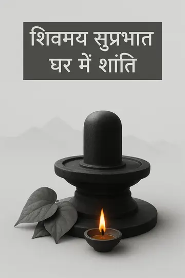 A monochrome Shiva lingam with a single saffron diya flame and Hindi blessing text.