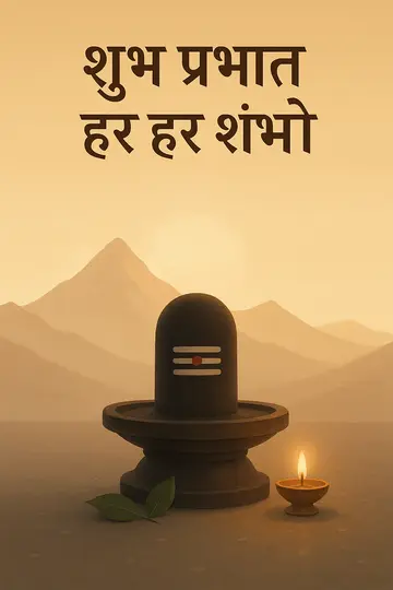An illustrated Shiva lingam with bilva leaves, dawn mountains, diya glow, and Hindi text.