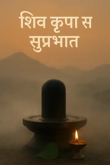 A misty Shiva lingam with a diya flame and bilva leaf under a soft cinematic sunrise.