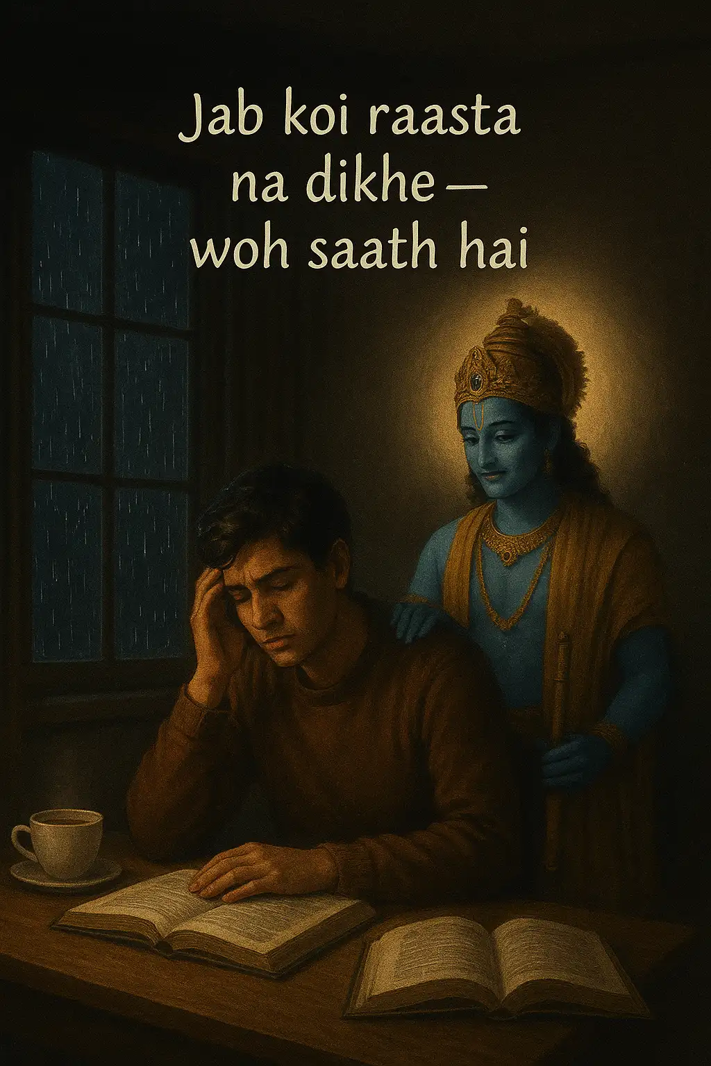 A tired student studies at night while Krishna gently places a hand on the student's shoulder near a rainy window.