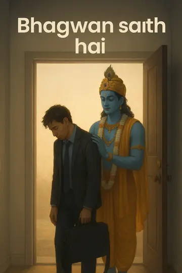 A weary office worker stands in a doorway at dawn while Krishna stands behind with a reassuring hand on the shoulder.