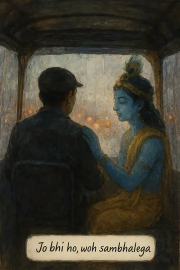 Inside a rainy auto-rickshaw, Krishna sits beside a rider, offering a comforting hand on the shoulder.