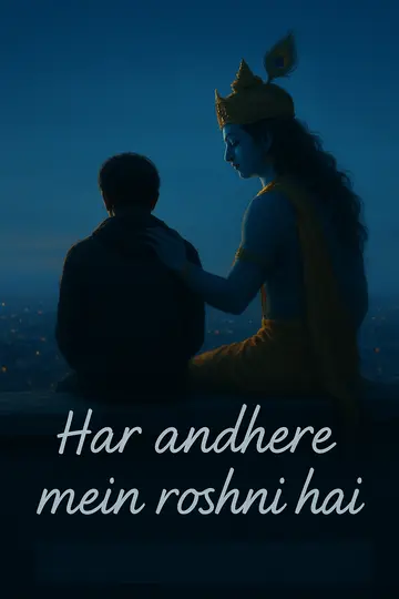 On a city rooftop at dusk, Krishna stands behind a lonely commuter in a reassuring, protective pose.