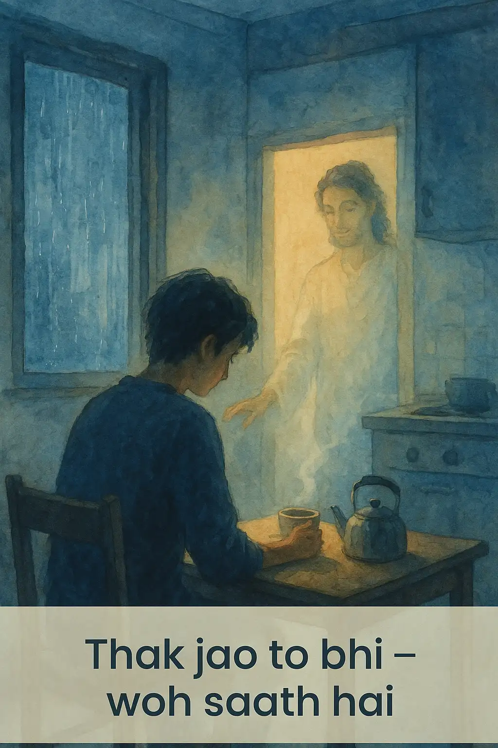 In a quiet kitchen before dawn, a gentle divine presence comforts a weary person near a steaming kettle.