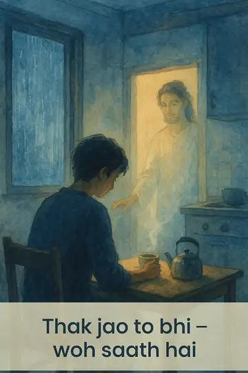 In a quiet kitchen before dawn, a gentle divine presence comforts a weary person near a steaming kettle.