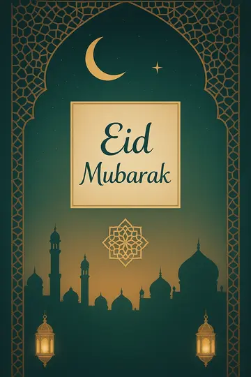 Elegant Eid greeting with crescent, star, mosque silhouettes, and gold calligraphy on a teal sky.