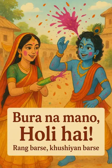 Illustrated Radha and Krishna celebrating Holi with gulal and a pichkari in a Braj courtyard.