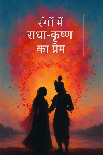 Silhouetted Radha-Krishna at dawn by river ghats with a flower halo and colored powder clouds.