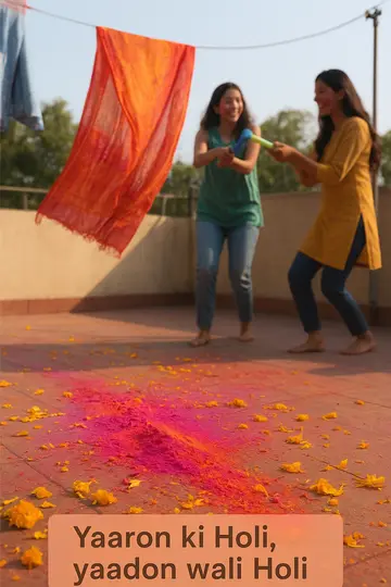 Friends playing Holi on a sunny home terrace with gulal and pichkari splashes.