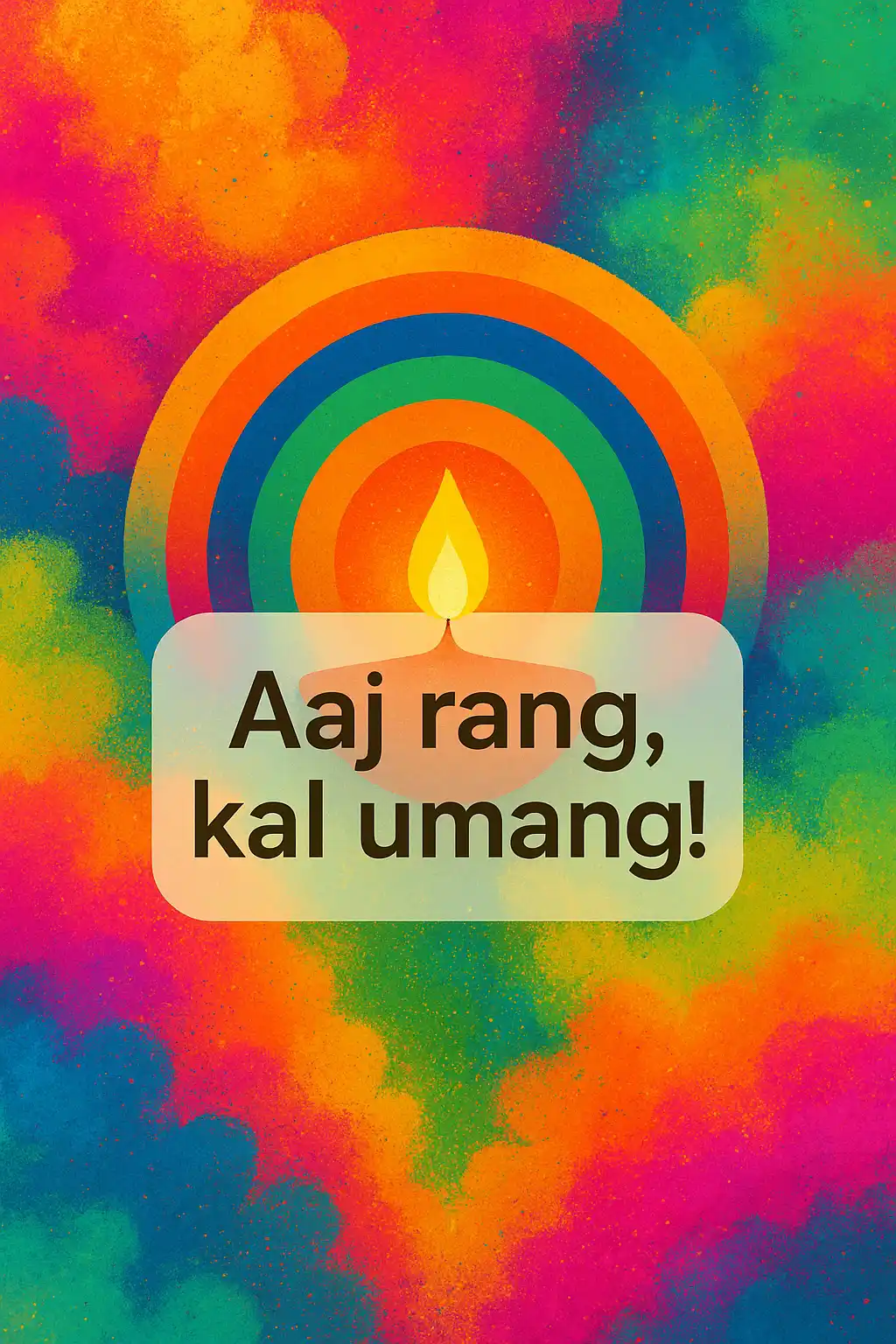 An abstract Holi design with rangoli-inspired arcs, gulal clouds, and a glowing diya-like center.