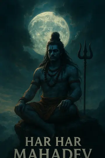 Lord Shiva seated on a stormy mountain with trishul and rudraksha mala, with bold devotional text.