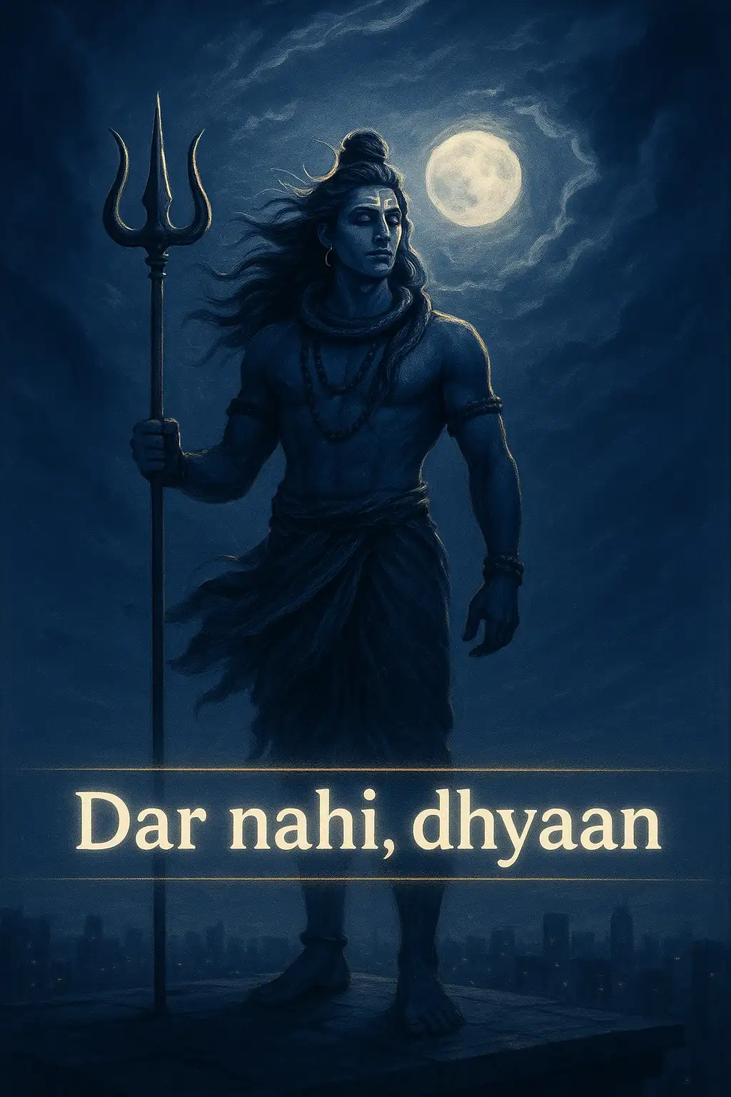 Shiva stands on a rooftop under a moonlit sky with a trishul and bold devotional text.