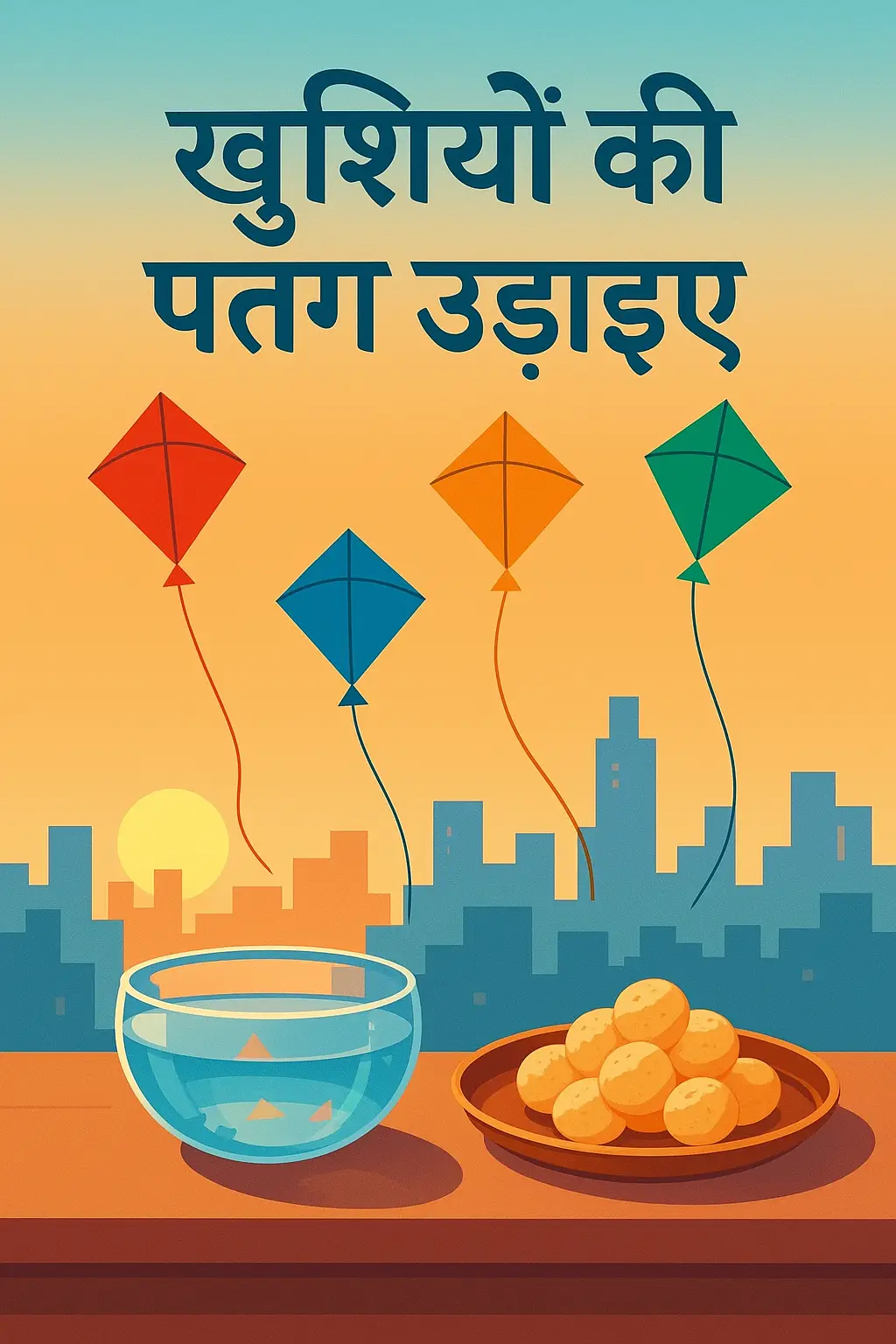 A rooftop still life with kites reflected in a water bowl and revdi on a copper plate.