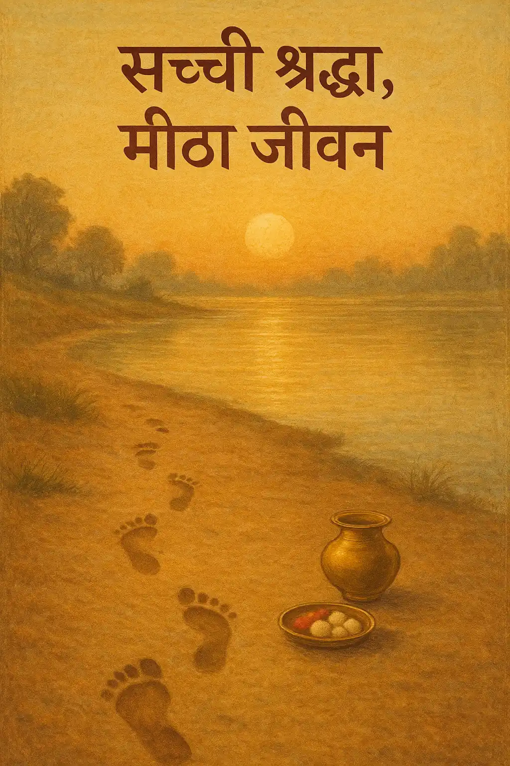 Footprints leading to a small offering plate and brass kalash on a calm riverbank at sunrise.