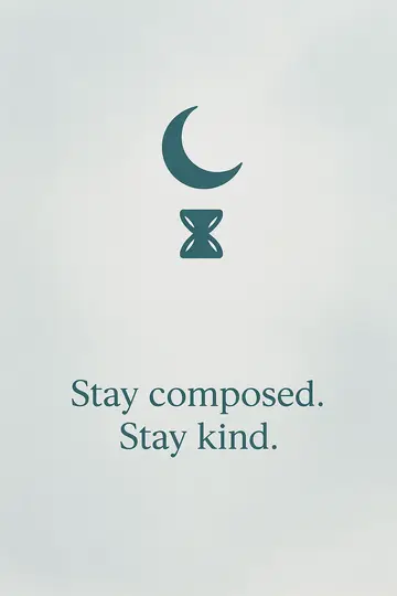 A simple crescent moon and damru emblem on a foggy blue background with a calm blessing below.