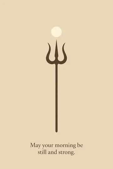 A centered vertical trishul with a small moon on a sand-toned background and a short blessing below.