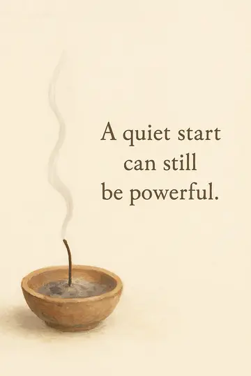 A small ash bowl and incense curl on an ivory background with a calm blessing to the right.