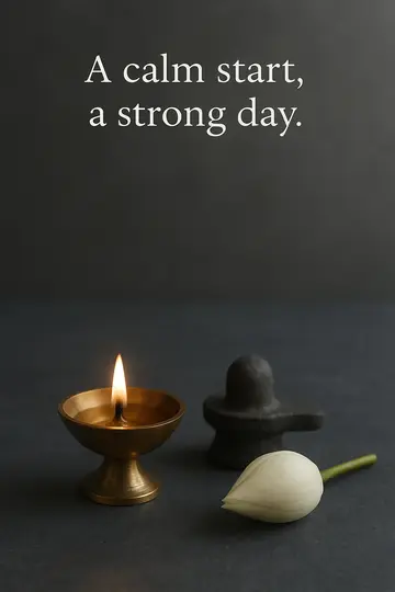 A brass diya and white lotus on a dark slate surface with space for a short greeting above.