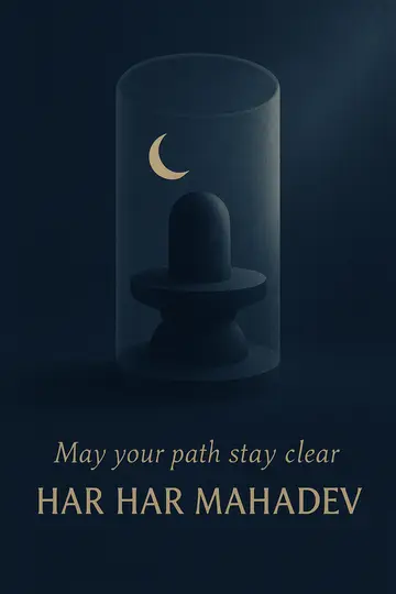 A minimal lingam silhouette in a glass-like cylinder on an ink-blue background with a short blessing.