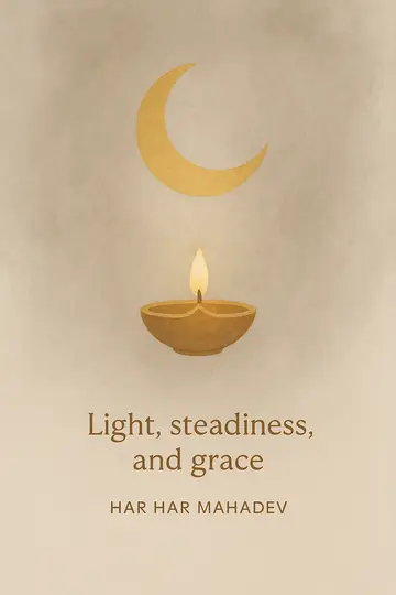 A small diya and crescent moon centered on a taupe background with a short blessing.