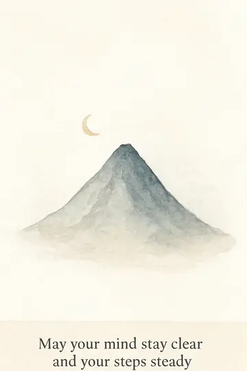 A soft watercolor mountain silhouette with a crescent moon and a calm blessing line below.