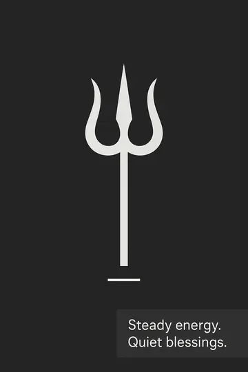 A simple geometric trishul on a charcoal background with a small blessing line in the lower right.