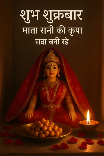 A serene Santoshi Maa altar at home with gur-chana, diyas, rose petals, and a red chunri, with a Friday blessing in Hindi.