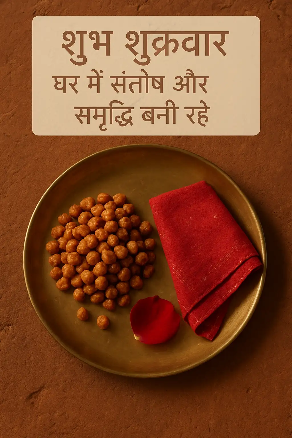 A brass thali with gur-chana and a red chunri near a village kitchen hearth, formatted as a vertical devotional greeting.